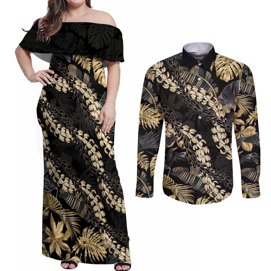Gold Tropical Leaves Hawaii Mikioi Lei Couples Matching Off Shoulder Maxi Dress and Long Sleeve Button Shirt Luxury Stylized LT01 Gold - Polynesian Pride