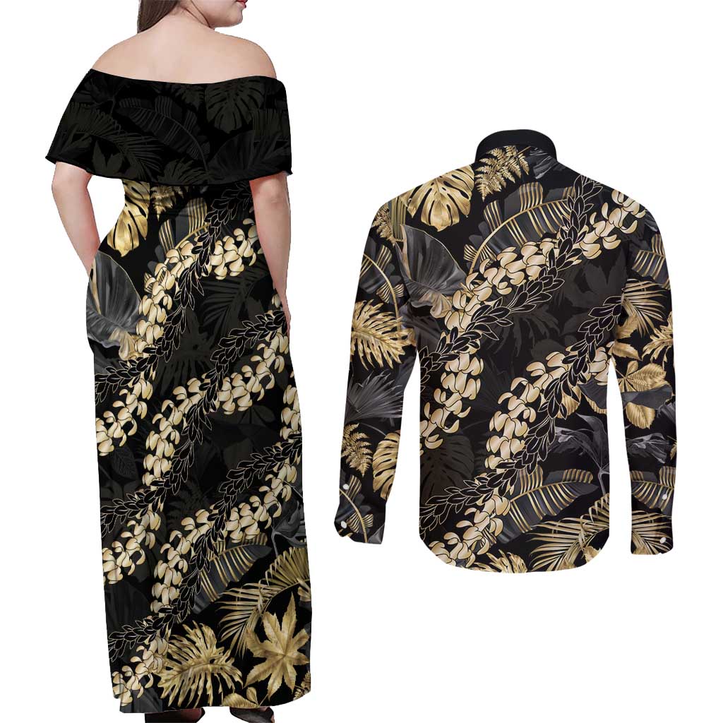 Gold Tropical Leaves Hawaii Mikioi Lei Couples Matching Off Shoulder Maxi Dress and Long Sleeve Button Shirt Luxury Stylized LT01 - Polynesian Pride