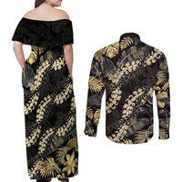 Gold Tropical Leaves Hawaii Mikioi Lei Couples Matching Off Shoulder Maxi Dress and Long Sleeve Button Shirt Luxury Stylized LT01 - Polynesian Pride