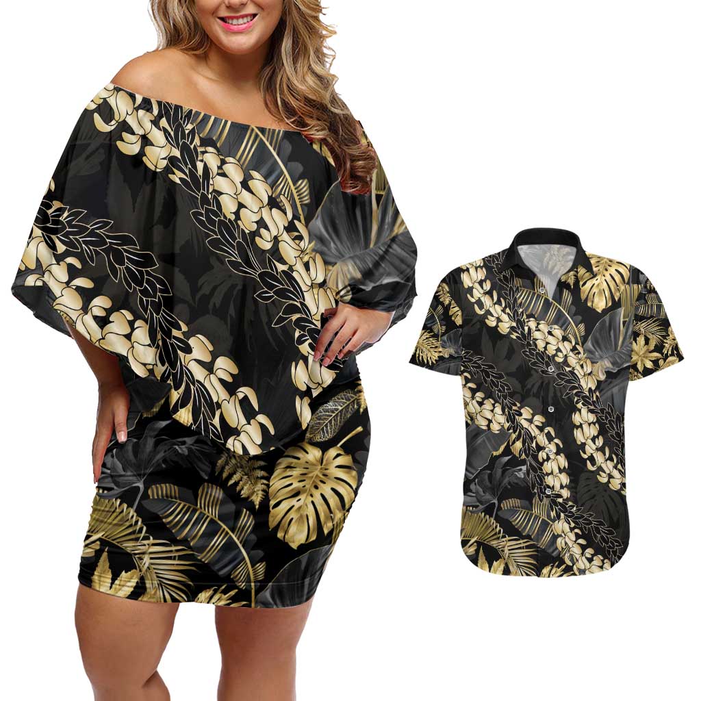 Gold Tropical Leaves Hawaii Mikioi Lei Couples Matching Off Shoulder Short Dress and Hawaiian Shirt Luxury Stylized LT01 Gold - Polynesian Pride