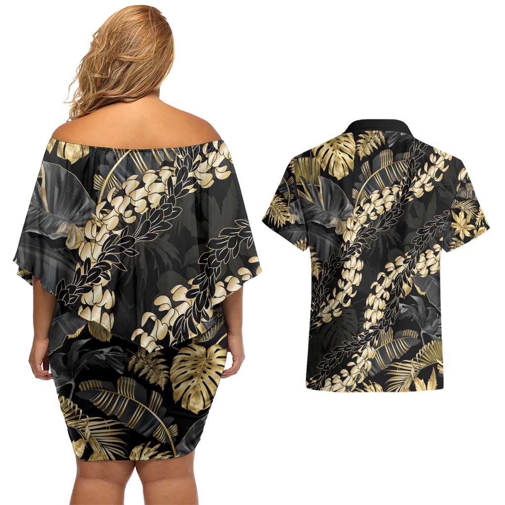 Gold Tropical Leaves Hawaii Mikioi Lei Couples Matching Off Shoulder Short Dress and Hawaiian Shirt Luxury Stylized LT01 - Polynesian Pride