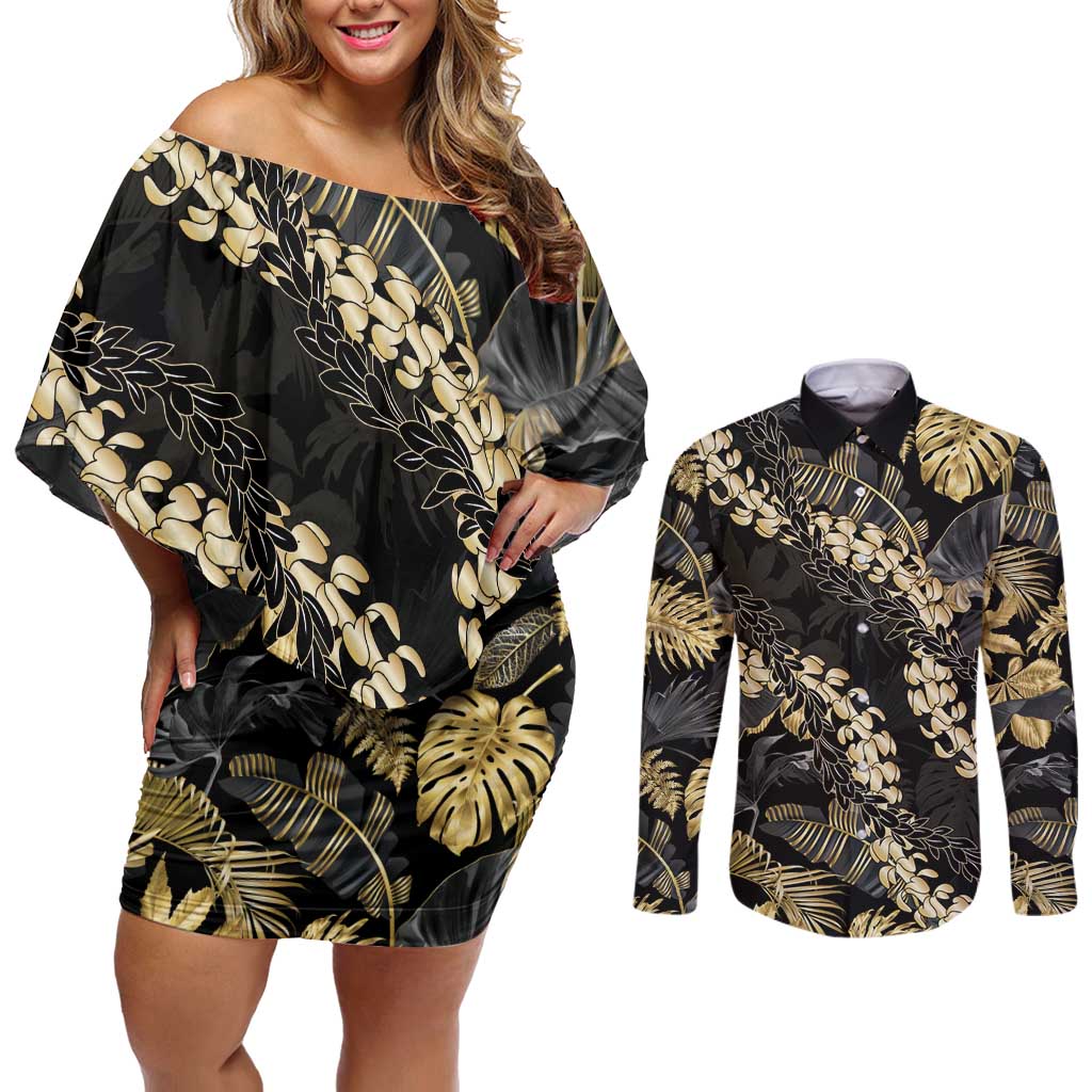 Gold Tropical Leaves Hawaii Mikioi Lei Couples Matching Off Shoulder Short Dress and Long Sleeve Button Shirt Luxury Stylized LT01 Gold - Polynesian Pride