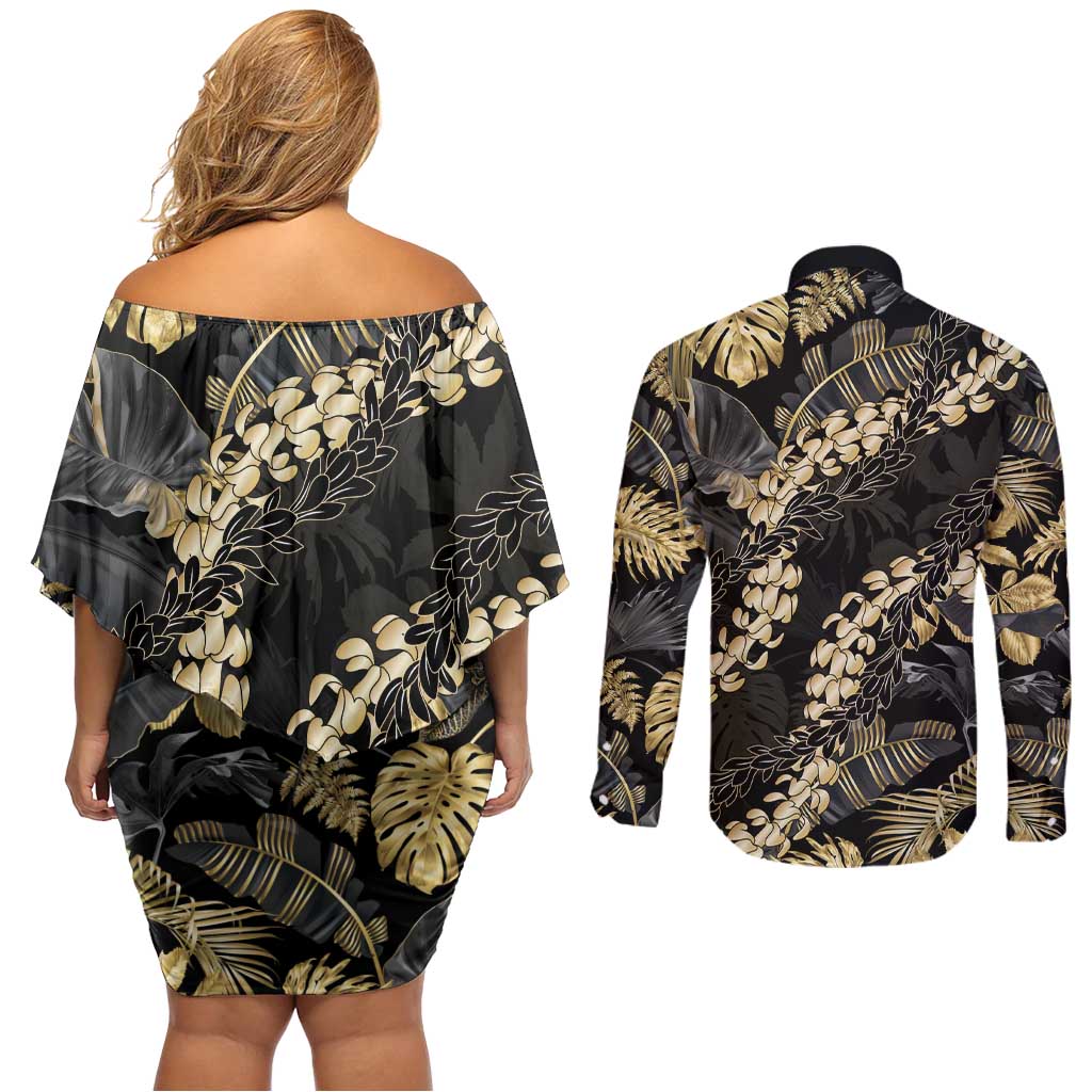 Gold Tropical Leaves Hawaii Mikioi Lei Couples Matching Off Shoulder Short Dress and Long Sleeve Button Shirt Luxury Stylized LT01 - Polynesian Pride
