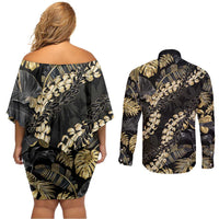 Gold Tropical Leaves Hawaii Mikioi Lei Couples Matching Off Shoulder Short Dress and Long Sleeve Button Shirt Luxury Stylized LT01 - Polynesian Pride