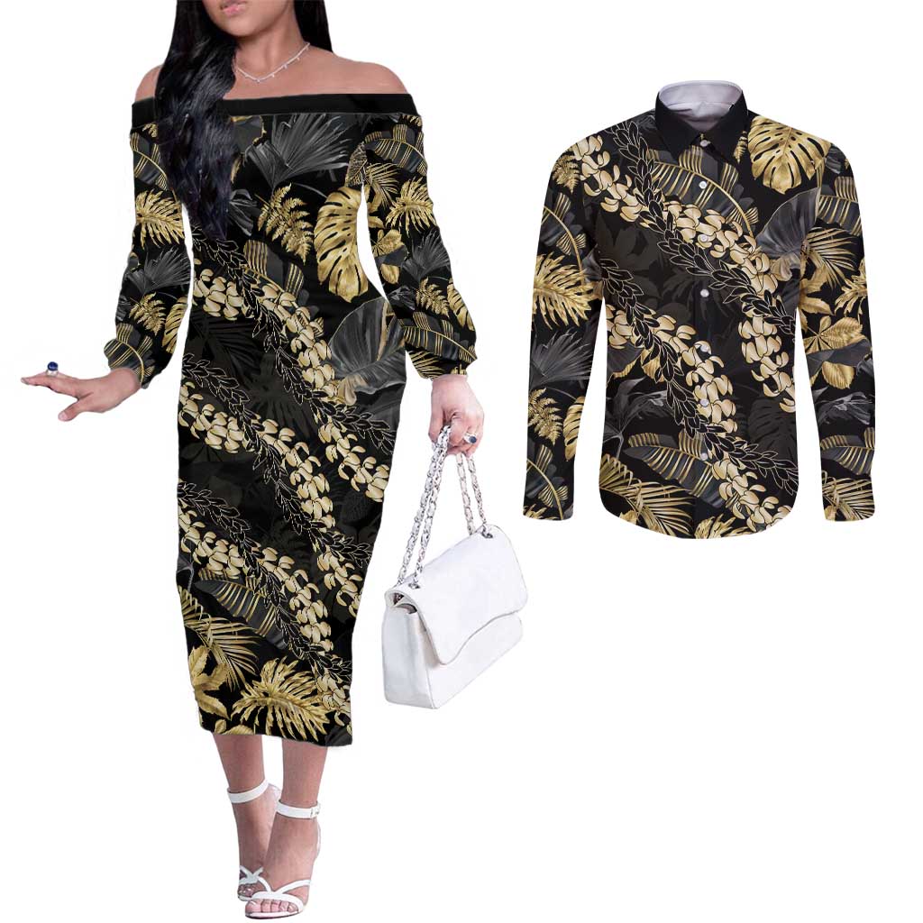 Gold Tropical Leaves Hawaii Mikioi Lei Couples Matching Off The Shoulder Long Sleeve Dress and Long Sleeve Button Shirt Luxury Stylized LT01 Gold - Polynesian Pride