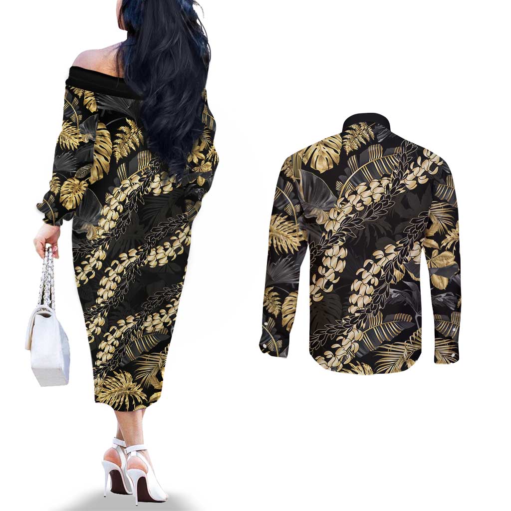 Gold Tropical Leaves Hawaii Mikioi Lei Couples Matching Off The Shoulder Long Sleeve Dress and Long Sleeve Button Shirt Luxury Stylized LT01 - Polynesian Pride