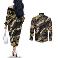 Gold Tropical Leaves Hawaii Mikioi Lei Couples Matching Off The Shoulder Long Sleeve Dress and Long Sleeve Button Shirt Luxury Stylized LT01 - Polynesian Pride