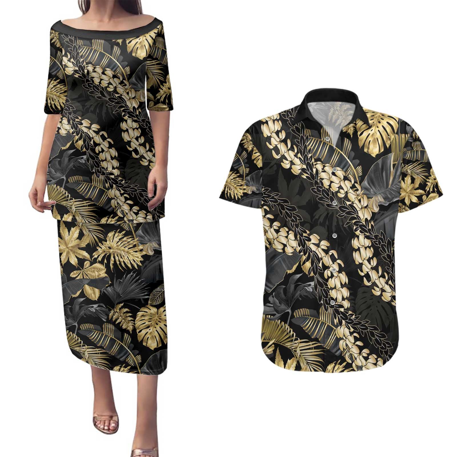 Gold Tropical Leaves Hawaii Mikioi Lei Couples Matching Puletasi and Hawaiian Shirt Luxury Stylized - Polynesian Pride