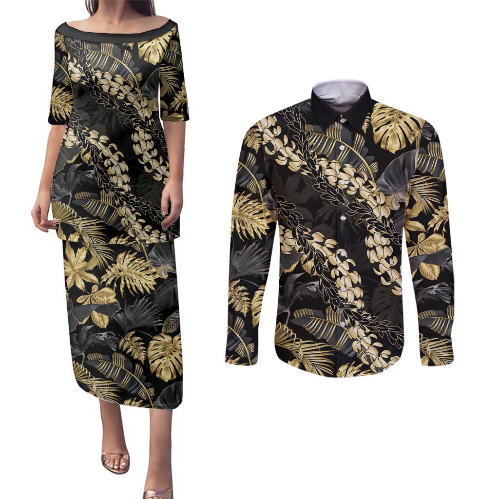 Gold Tropical Leaves Hawaii Mikioi Lei Couples Matching Puletasi and Long Sleeve Button Shirt Luxury Stylized - Polynesian Pride