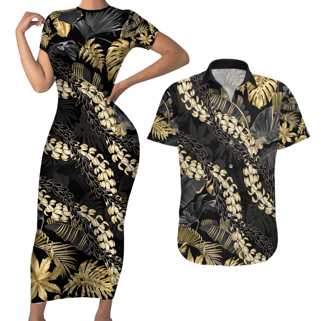 Gold Tropical Leaves Hawaii Mikioi Lei Couples Matching Short Sleeve Bodycon Dress and Hawaiian Shirt Luxury Stylized LT01 Gold - Polynesian Pride