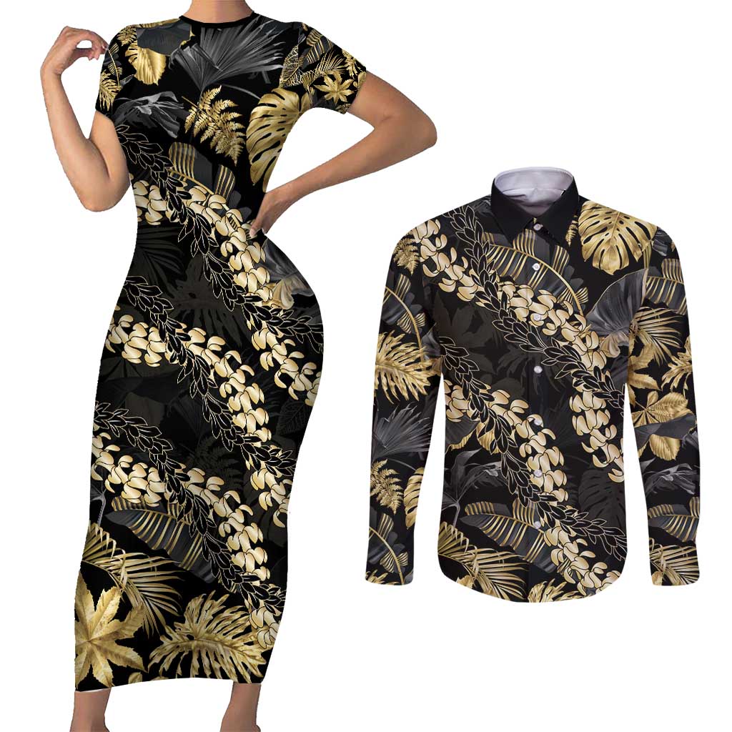 Gold Tropical Leaves Hawaii Mikioi Lei Couples Matching Short Sleeve Bodycon Dress and Long Sleeve Button Shirt Luxury Stylized LT01 Gold - Polynesian Pride