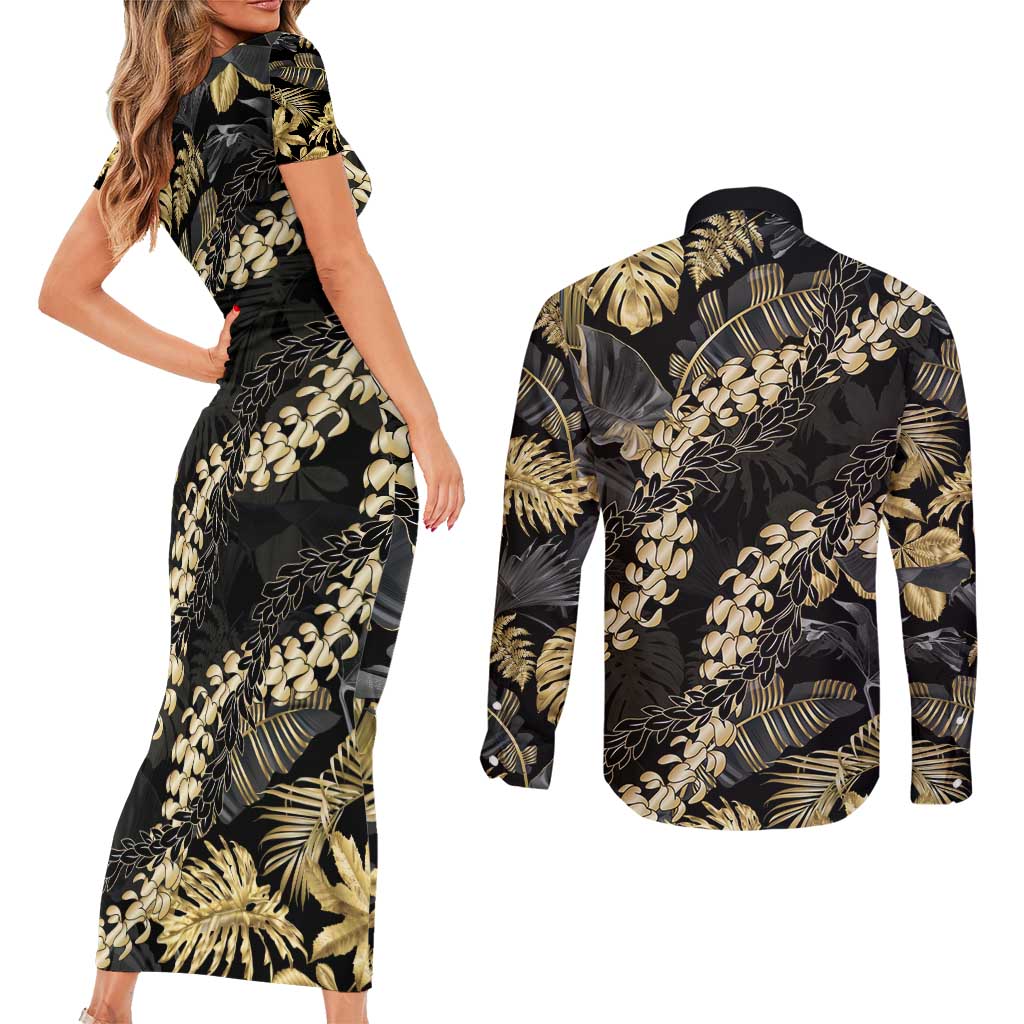 Gold Tropical Leaves Hawaii Mikioi Lei Couples Matching Short Sleeve Bodycon Dress and Long Sleeve Button Shirt Luxury Stylized LT01 - Polynesian Pride
