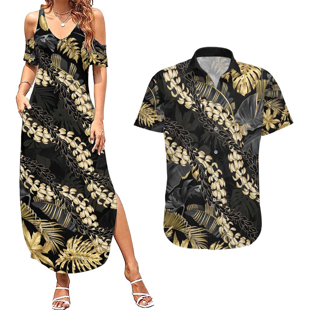 Gold Tropical Leaves Hawaii Mikioi Lei Couples Matching Summer Maxi Dress and Hawaiian Shirt Luxury Stylized LT01 Gold - Polynesian Pride