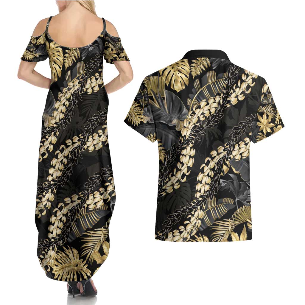 Gold Tropical Leaves Hawaii Mikioi Lei Couples Matching Summer Maxi Dress and Hawaiian Shirt Luxury Stylized LT01 - Polynesian Pride