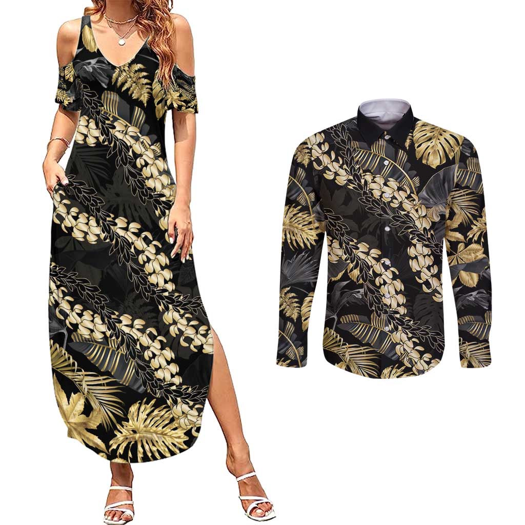 Gold Tropical Leaves Hawaii Mikioi Lei Couples Matching Summer Maxi Dress and Long Sleeve Button Shirt Luxury Stylized LT01 Gold - Polynesian Pride