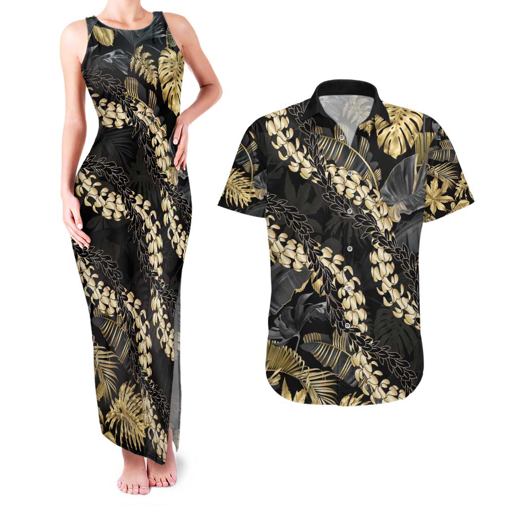 Gold Tropical Leaves Hawaii Mikioi Lei Couples Matching Tank Maxi Dress and Hawaiian Shirt Luxury Stylized LT01 Gold - Polynesian Pride