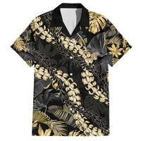 Gold Tropical Leaves Hawaii Mikioi Lei Family Matching Long Sleeve Bodycon Dress and Hawaiian Shirt Luxury Stylized - Polynesian Pride