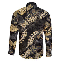 Gold Tropical Leaves Hawaii Mikioi Lei Family Matching Long Sleeve Bodycon Dress and Hawaiian Shirt Luxury Stylized - Polynesian Pride