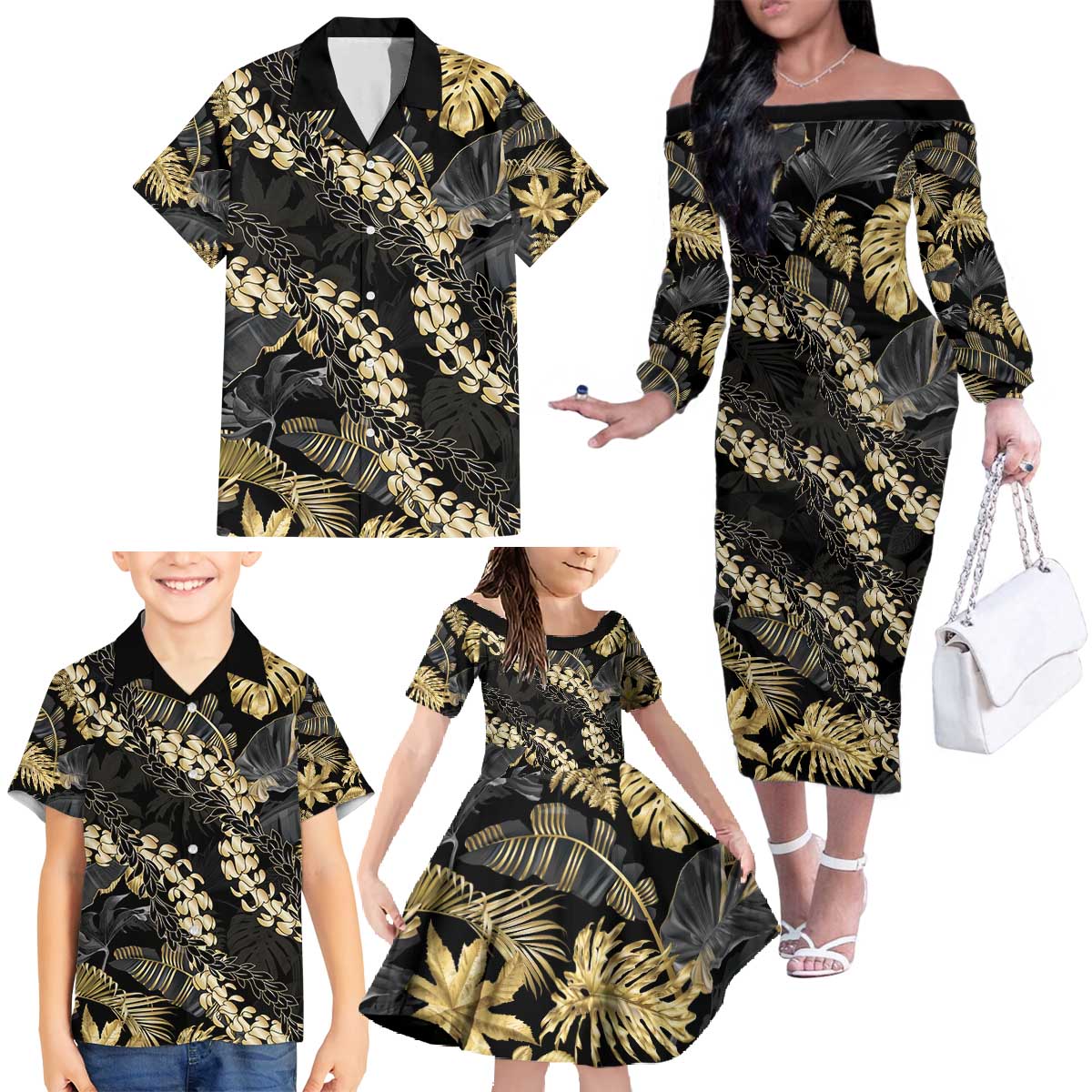 Gold Tropical Leaves Hawaii Mikioi Lei Family Matching Off The Shoulder Long Sleeve Dress and Hawaiian Shirt Luxury Stylized LT01 - Polynesian Pride