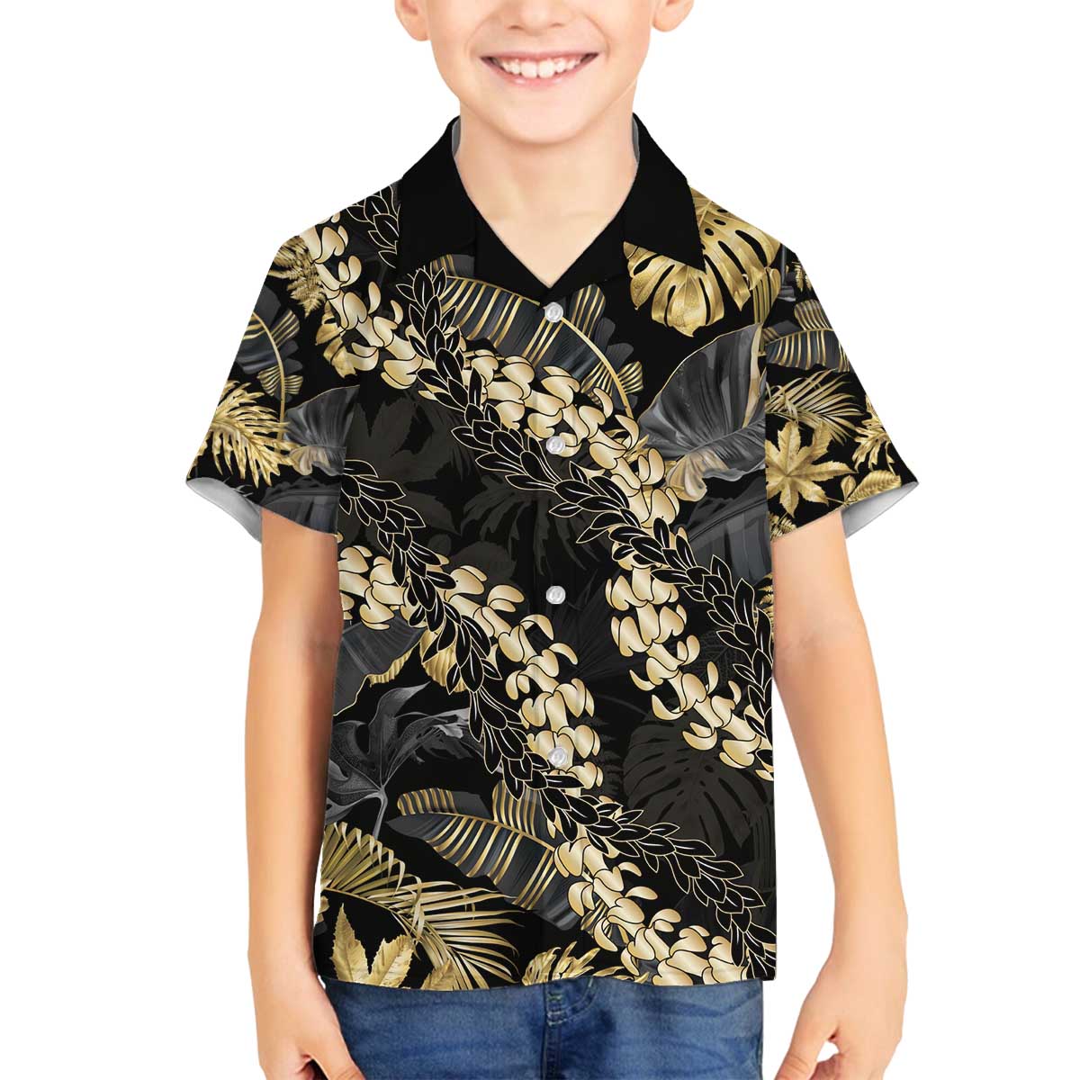 Gold Tropical Leaves Hawaii Mikioi Lei Family Matching Off The Shoulder Long Sleeve Dress and Hawaiian Shirt Luxury Stylized - Polynesian Pride