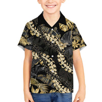 Gold Tropical Leaves Hawaii Mikioi Lei Family Matching Off The Shoulder Long Sleeve Dress and Hawaiian Shirt Luxury Stylized - Polynesian Pride