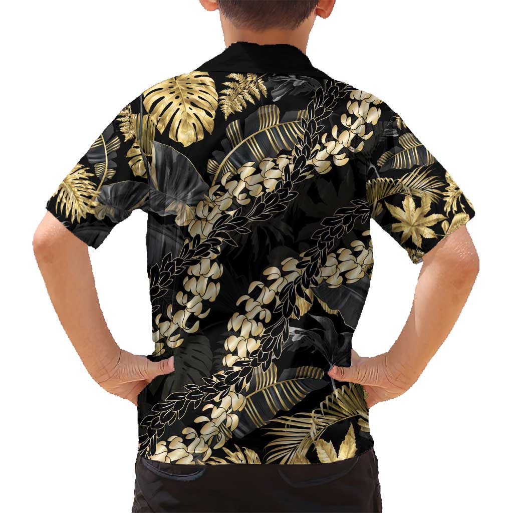 Gold Tropical Leaves Hawaii Mikioi Lei Family Matching Off Shoulder Maxi Dress and Hawaiian Shirt Luxury Stylized - Polynesian Pride