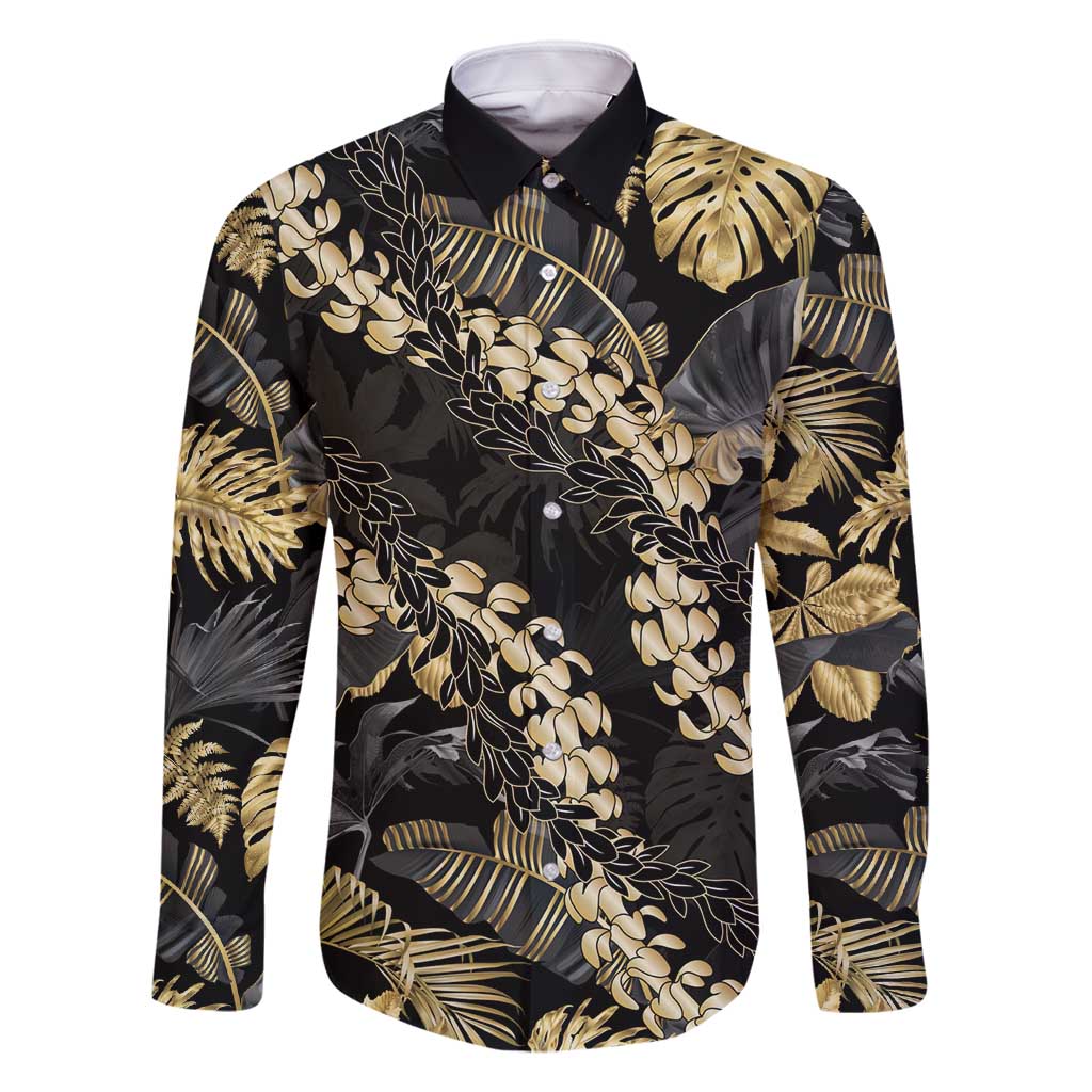 Gold Tropical Leaves Hawaii Mikioi Lei Family Matching Off Shoulder Maxi Dress and Hawaiian Shirt Luxury Stylized - Polynesian Pride
