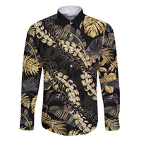 Gold Tropical Leaves Hawaii Mikioi Lei Family Matching Off Shoulder Maxi Dress and Hawaiian Shirt Luxury Stylized - Polynesian Pride