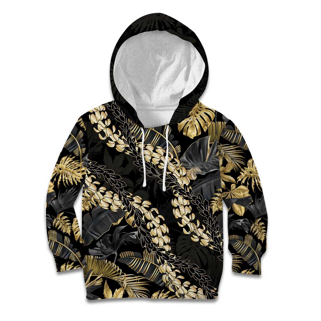 Gold Tropical Leaves Hawaii Mikioi Lei Kid Hoodie Luxury Stylized - Polynesian Pride