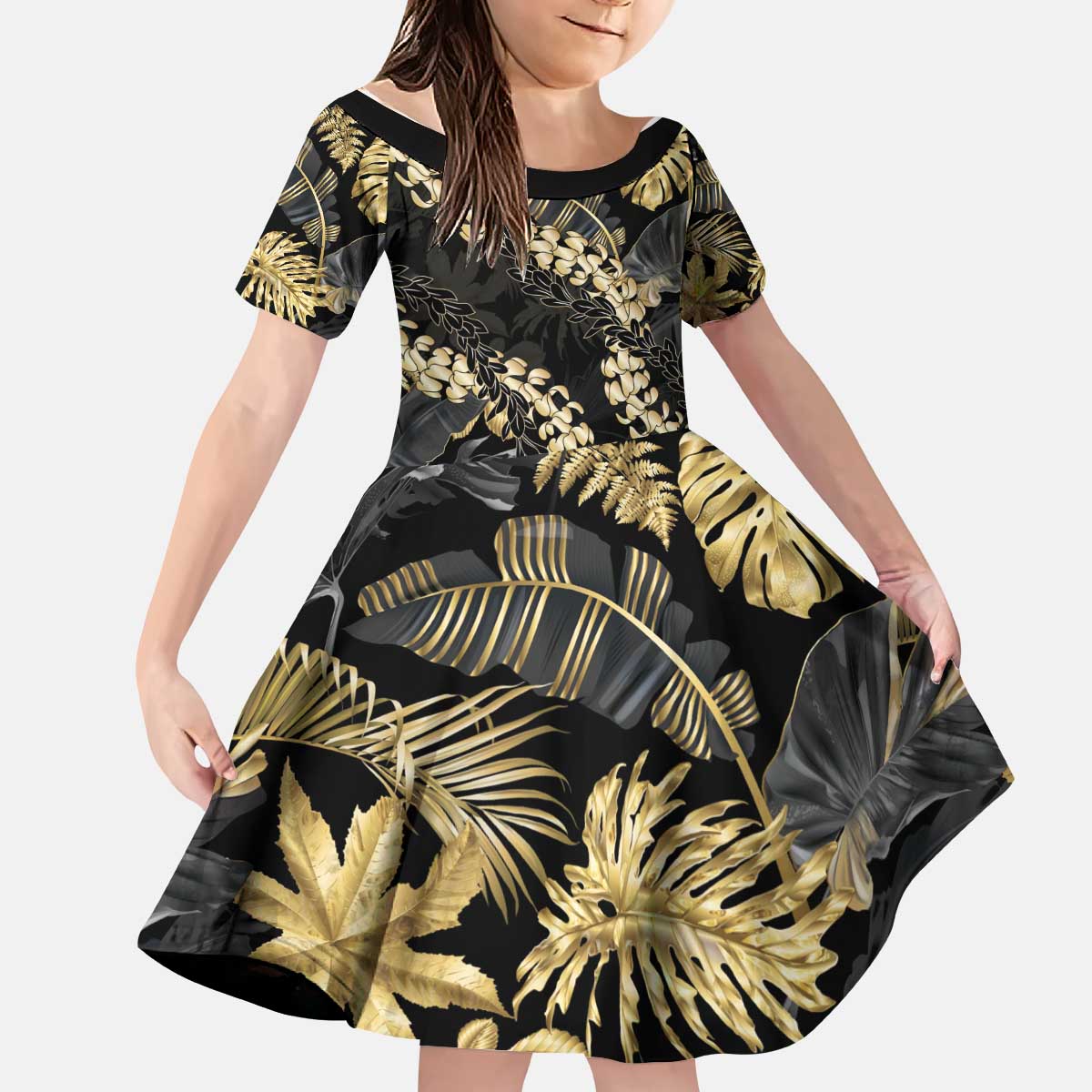 Gold Tropical Leaves Hawaii Mikioi Lei Kid Short Sleeve Dress Luxury Stylized - Polynesian Pride