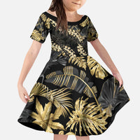 Gold Tropical Leaves Hawaii Mikioi Lei Kid Short Sleeve Dress Luxury Stylized - Polynesian Pride