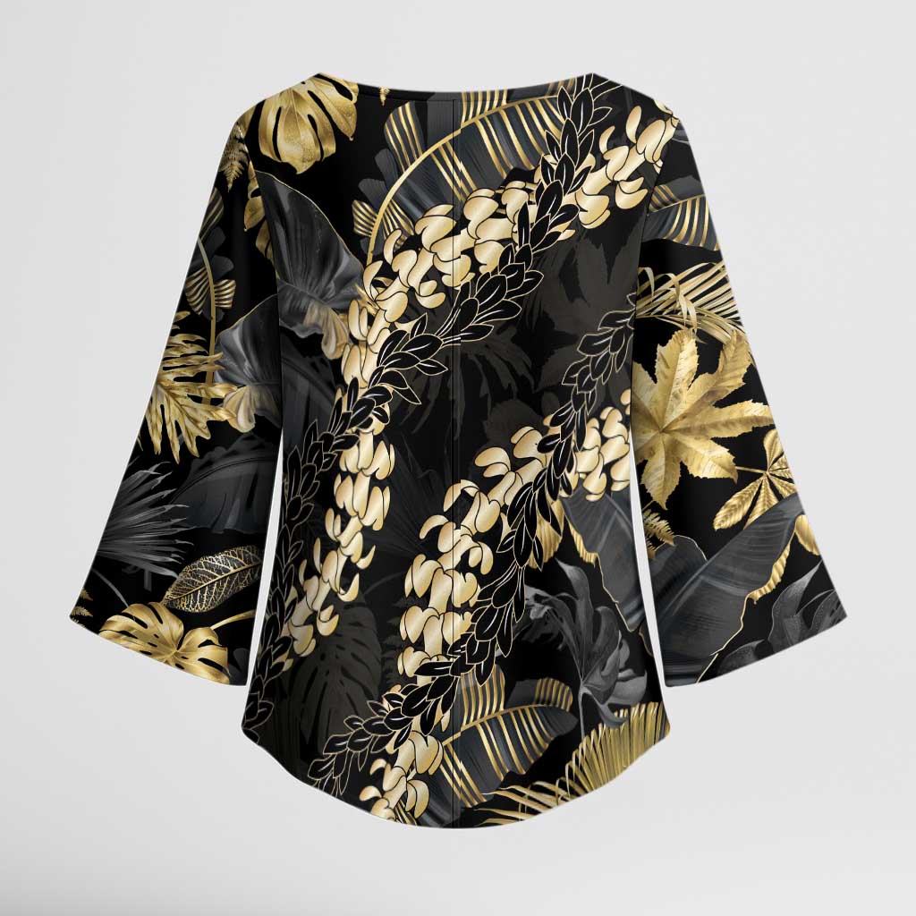Gold Tropical Leaves Hawaii Mikioi Lei Kimono Sleeve Blouse Luxury Stylized - Polynesian Pride