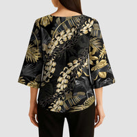 Gold Tropical Leaves Hawaii Mikioi Lei Kimono Sleeve Blouse Luxury Stylized - Polynesian Pride