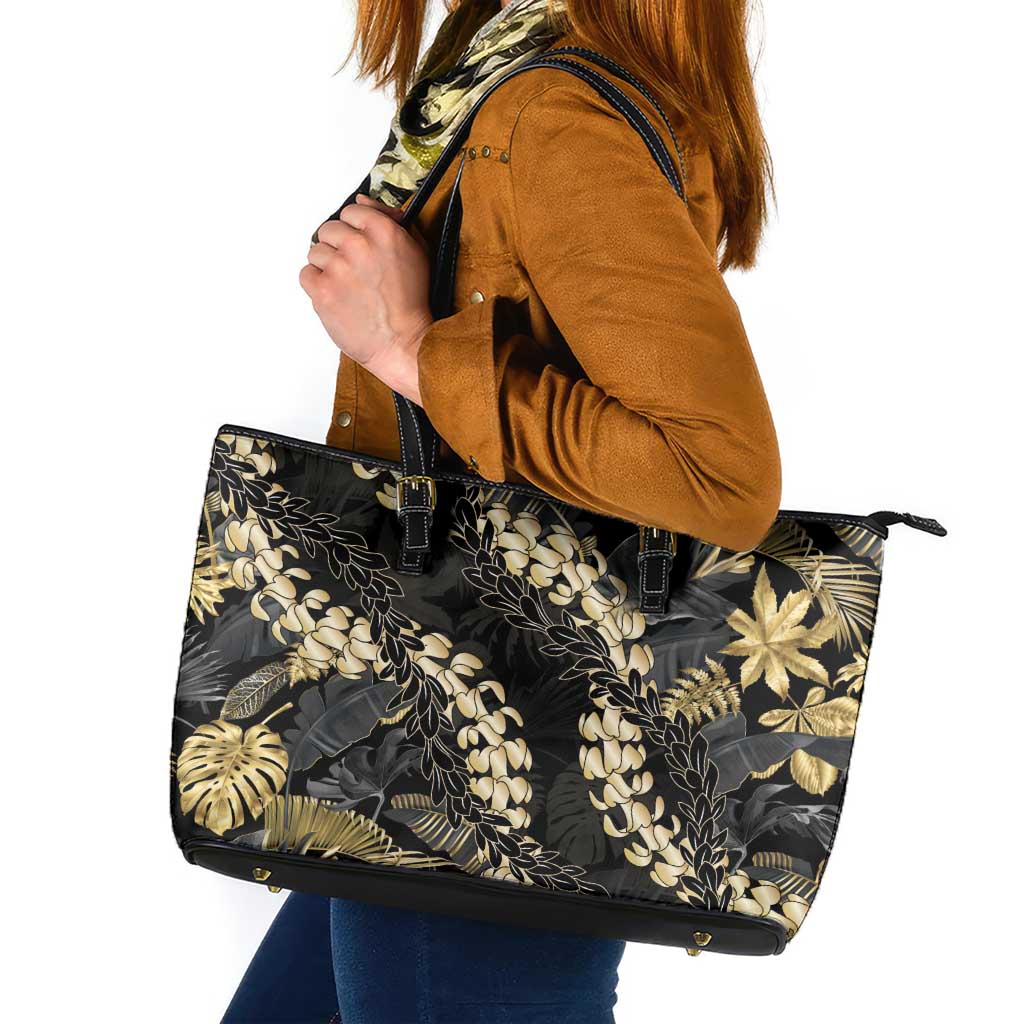 Gold Tropical Leaves Hawaii Mikioi Lei Leather Tote Bag Luxury Stylized - Polynesian Pride