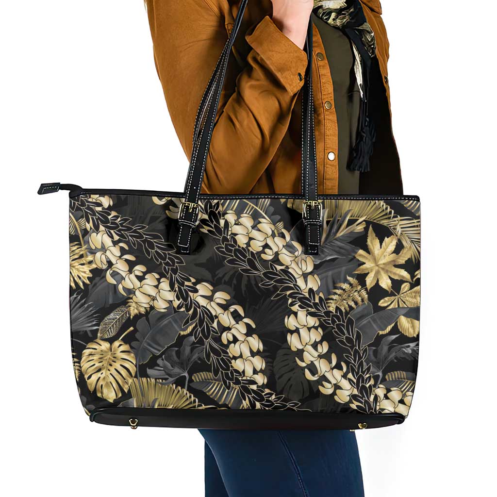 Gold Tropical Leaves Hawaii Mikioi Lei Leather Tote Bag Luxury Stylized - Polynesian Pride
