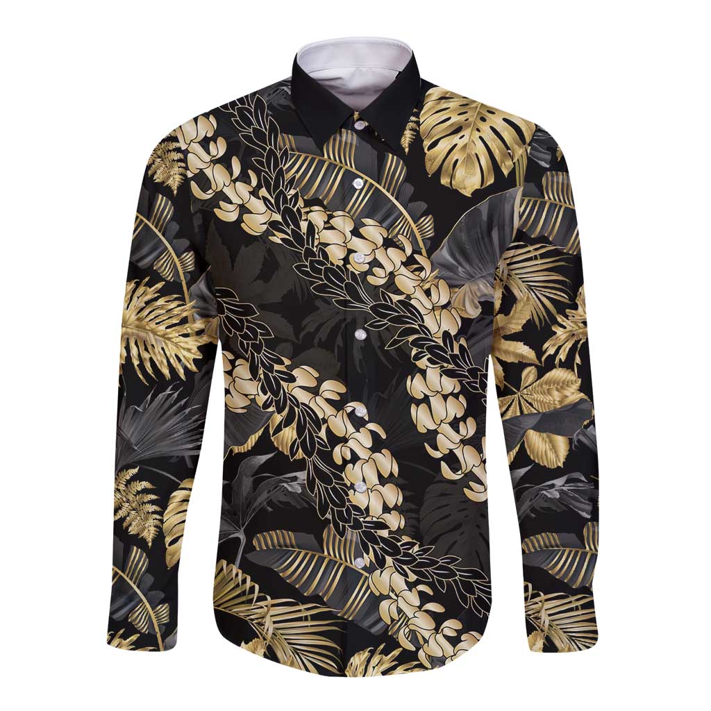 Gold Tropical Leaves Hawaii Mikioi Lei Long Sleeve Button Shirt Luxury Stylized LT01 Unisex Gold - Polynesian Pride