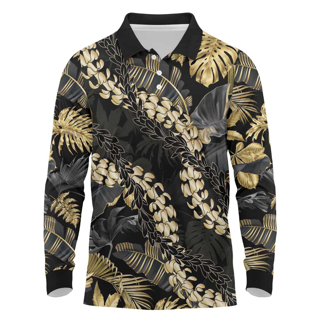 Gold Tropical Leaves Hawaii Mikioi Lei Long Sleeve Polo Shirt Luxury Stylized - Polynesian Pride