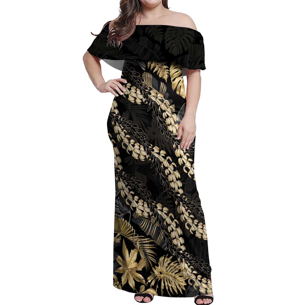 Gold Tropical Leaves Hawaii Mikioi Lei Off Shoulder Maxi Dress Luxury Stylized - Polynesian Pride