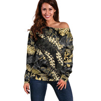 Gold Tropical Leaves Hawaii Mikioi Lei Off Shoulder Sweater Luxury Stylized - Polynesian Pride