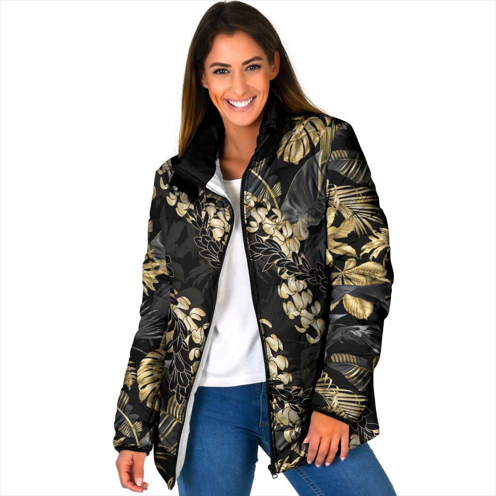 Gold Tropical Leaves Hawaii Mikioi Lei Padded Jacket Luxury Stylized - Polynesian Pride