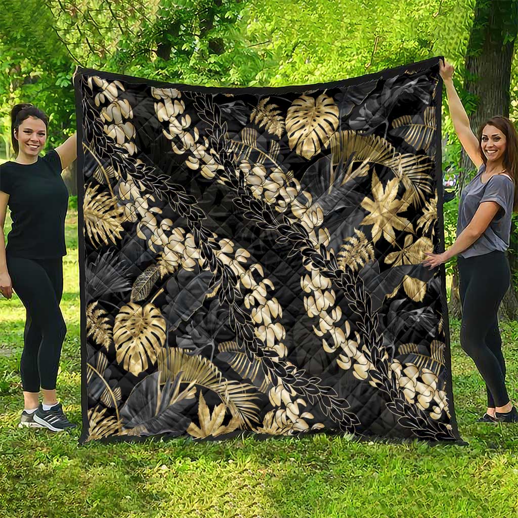 Gold Tropical Leaves Hawaii Mikioi Lei Quilt Luxury Stylized - Polynesian Pride