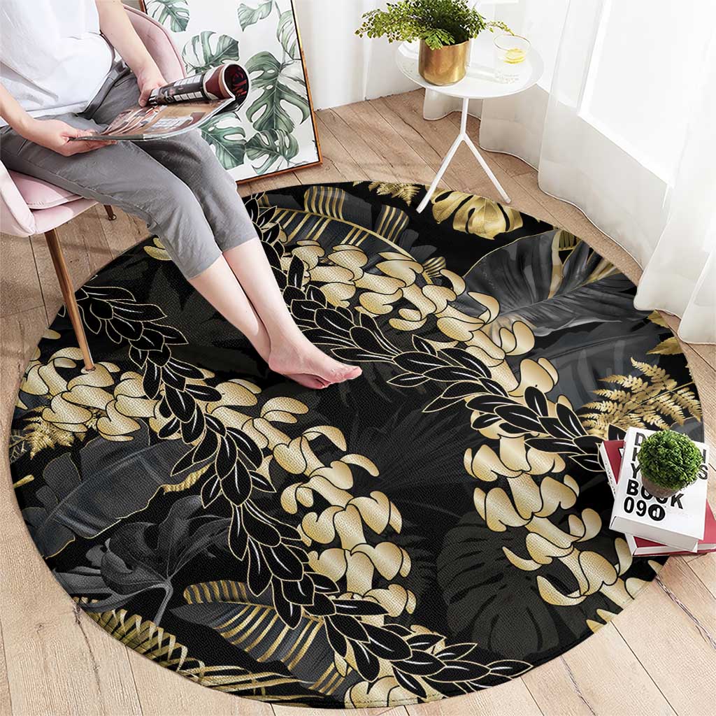 Gold Tropical Leaves Hawaii Mikioi Lei Round Carpet Luxury Stylized - Polynesian Pride