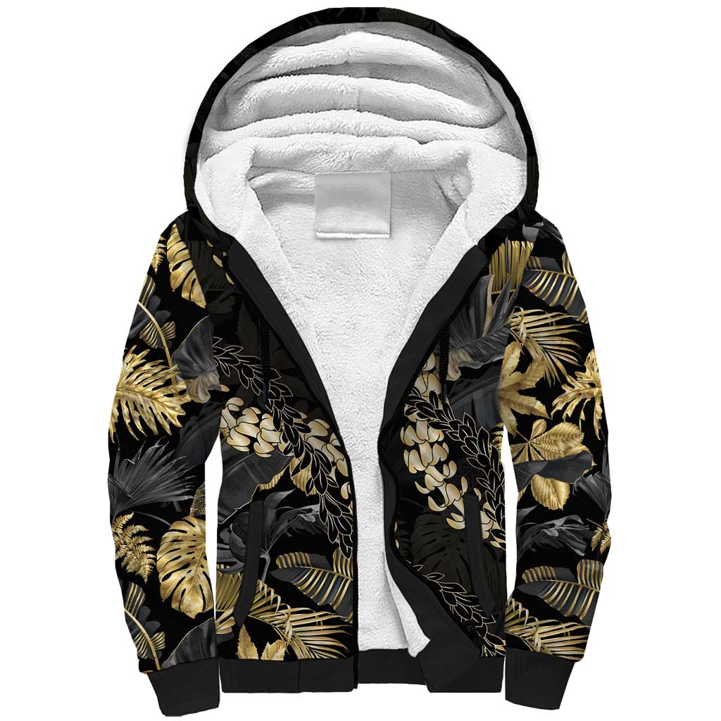 Gold Tropical Leaves Hawaii Mikioi Lei Sherpa Hoodie Luxury Stylized LT01 Unisex Gold - Polynesian Pride