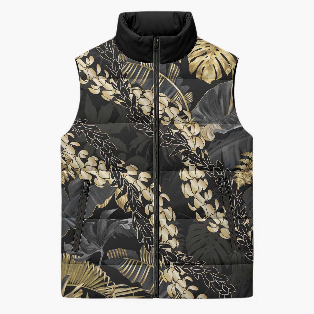 Gold Tropical Leaves Hawaii Mikioi Lei Sleeveless Puffer Jacket Luxury Stylized - Polynesian Pride