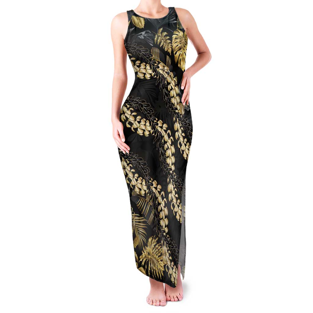Gold Tropical Leaves Hawaii Mikioi Lei Tank Maxi Dress Luxury Stylized - Polynesian Pride