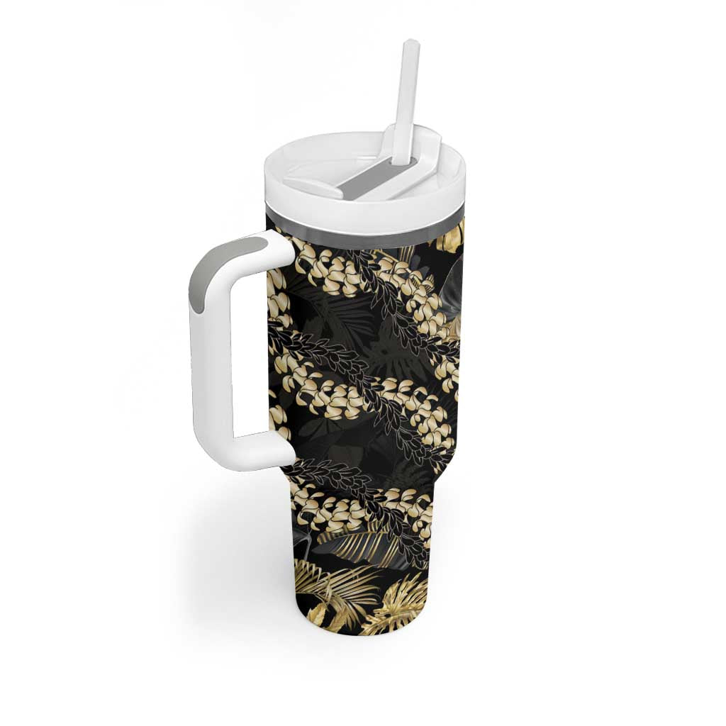 Gold Tropical Leaves Hawaii Mikioi Lei Tumbler With Handle Luxury Stylized - Polynesian Pride