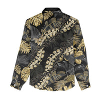 Gold Tropical Leaves Hawaii Mikioi Lei Women Casual Shirt Luxury Stylized - Polynesian Pride
