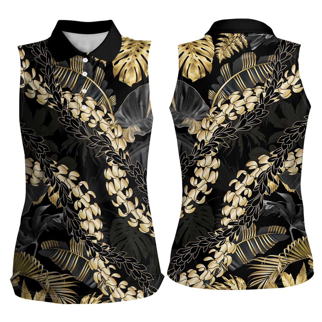Gold Tropical Leaves Hawaii Mikioi Lei Women Sleeveless Polo Shirt Luxury Stylized LT01 - Polynesian Pride
