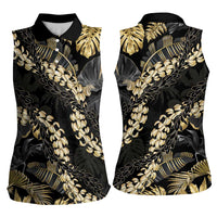 Gold Tropical Leaves Hawaii Mikioi Lei Women Sleeveless Polo Shirt Luxury Stylized LT01 - Polynesian Pride