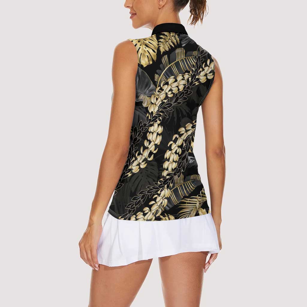 Gold Tropical Leaves Hawaii Mikioi Lei Women Sleeveless Polo Shirt Luxury Stylized LT01 - Polynesian Pride